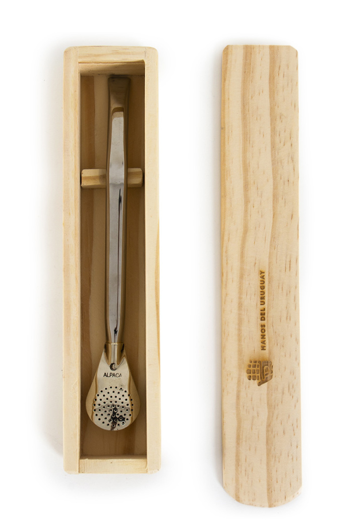 Alpaca flat mouthpiece Bombilla in a Wooden Box