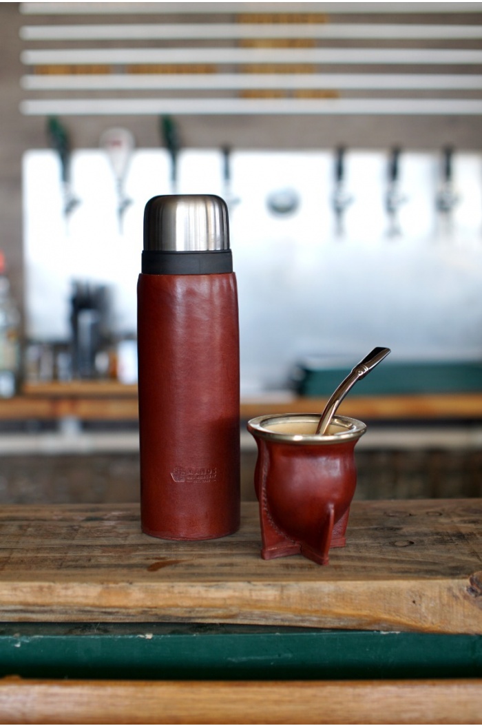 Leather Mate, Flask and Stainless Steel Bombilla Set in Brown