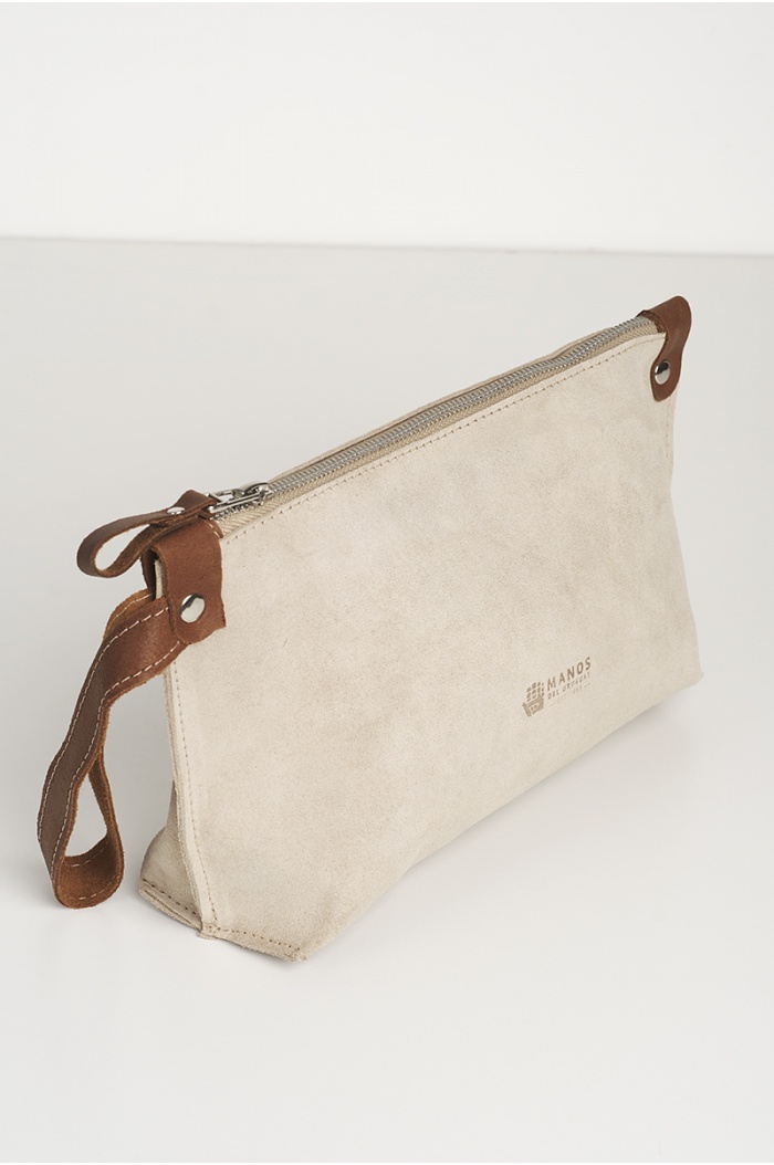 Abeto Suede Leather Clutch Bag with Zipper in Natural